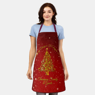 Merry Christmas 20XX Red Gold Tree Stars Apron