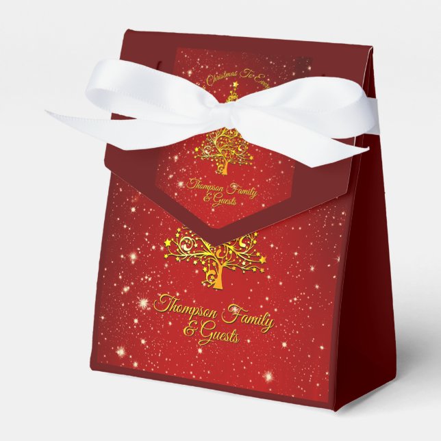 Merry Christmas 20XX Red Gold Tree Stars  Favour Box (Front Side)