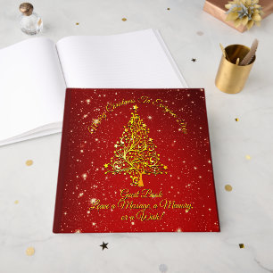 Merry Christmas 20XX Red Gold Tree Stars  Guest Book
