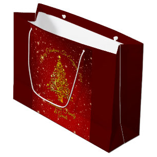 Merry Christmas 20XX Red Gold Tree Stars Large Gift Bag