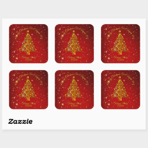 Merry Christmas 20XX Red Gold Tree Stars Square Sticker