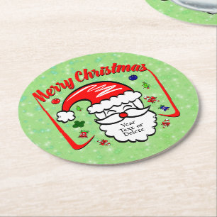 Merry Christmas 20xx Santa with Hat & Sparkles Round Paper Coaster