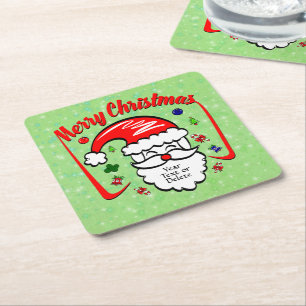 Merry Christmas 20xx Santa with Hat & Sparkles Square Paper Coaster