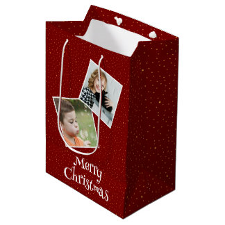 Merry Christmas 2 custom photos and stars Medium Gift Bag