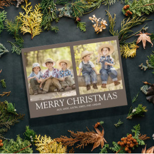 Merry Christmas 2 Family Photo Rustic Brown  Holiday Card