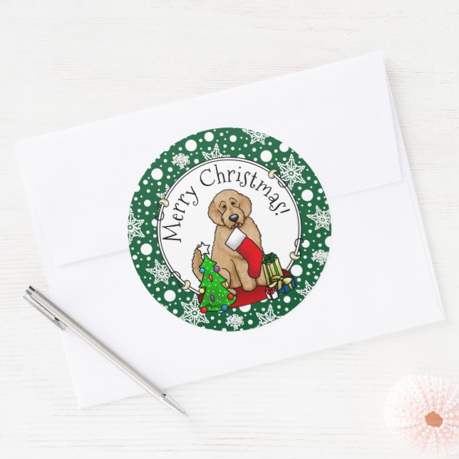 Merry Christmas 2 Goldendoodle (golden red) Cute Classic Round Sticker (Envelope)
