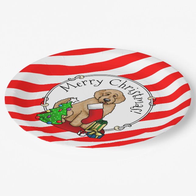 Merry Christmas 2 Goldendoodle (golden red) Cute Paper Plate (Angled)