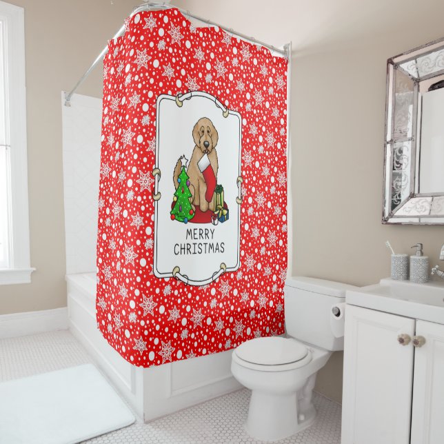 Merry Christmas 2 Goldendoodle (golden red) Cute Shower Curtain (In Situ)