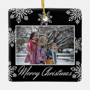 Merry Christmas 2 Photo Black And White Snowflakes Ceramic Ornament