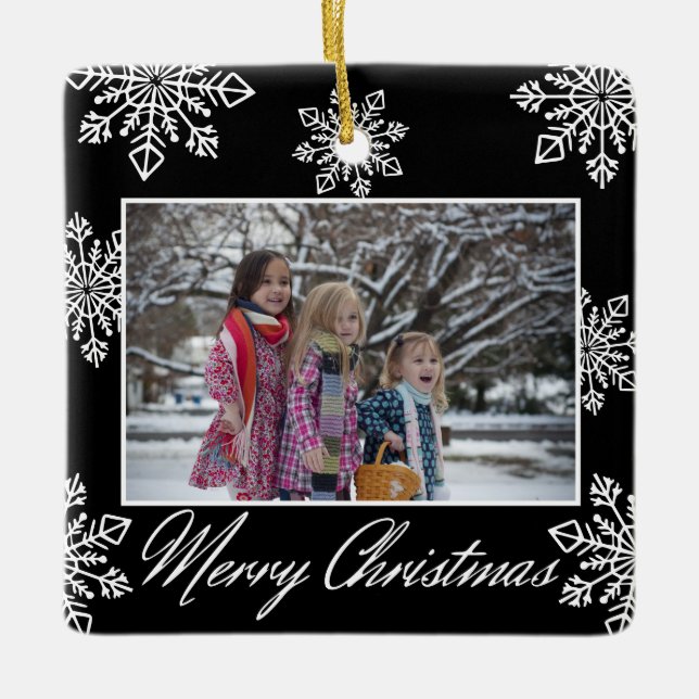 Merry Christmas 2 Photo Black And White Snowflakes Ceramic Ornament (Front)