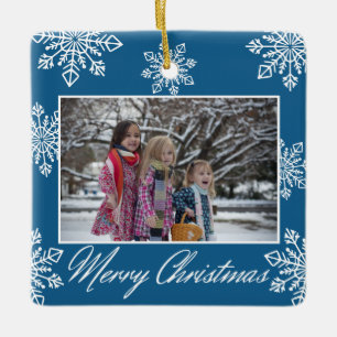 Merry Christmas 2 Photo Blue And White Snowflakes  Ceramic Ornament