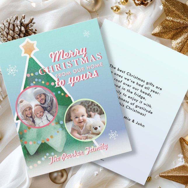 Merry Christmas! 2 Photo, Christmas Tree Holiday Card (Merry Christmas! 2 Photo, Blue-Green-Red, Colorful Holiday Card, For Lovely Christmas Vibes. )