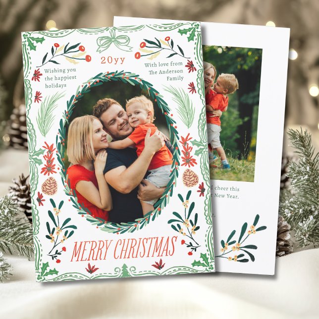 Merry Christmas 2 Photo Coquette Botanical Floral Holiday Card (Creator Uploaded)
