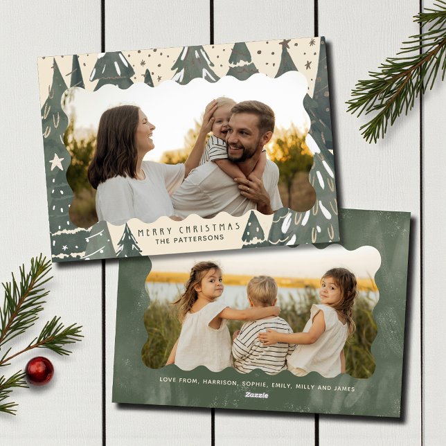 Merry Christmas 2 Photo Family Winter Trees Holiday Card (Creator Uploaded)
