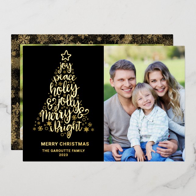 Merry Christmas 2 Photo Gold Foil Holiday Card (Front/Back)