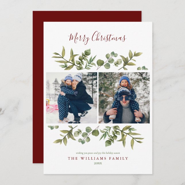 Merry Christmas 2 Photo Modern Greenery Foliage Holiday Card (Front/Back)