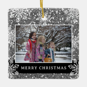 Merry Christmas 2 Photo Silver Glitter Snowflakes Ceramic Ornament