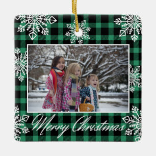 Merry Christmas 2 Photo Snowflakes Green Plaid Ceramic Ornament