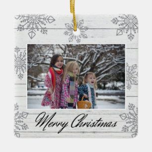 Merry Christmas 2 Photo Wood Silver Snowflakes  Ceramic Ornament