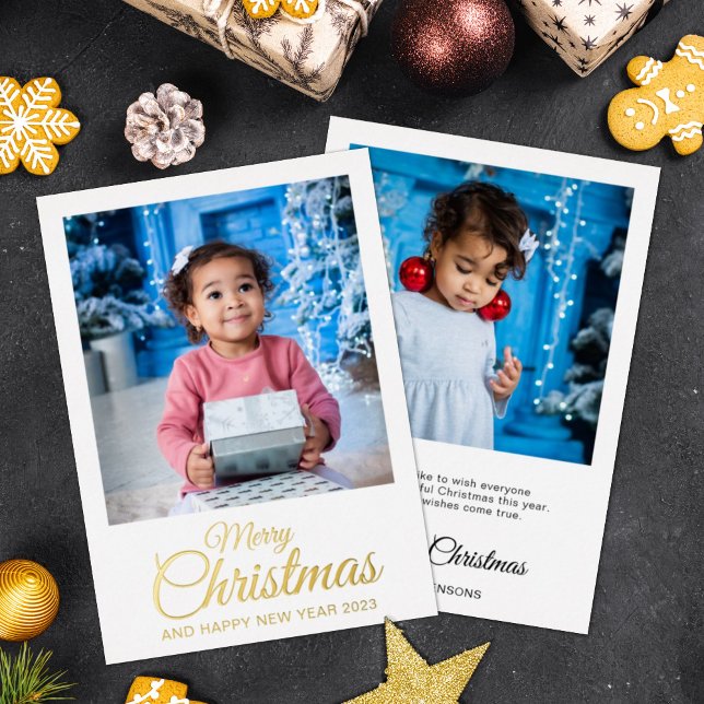Merry Christmas 2 photos elegant script gold  Foil Holiday Card (Creator Uploaded)