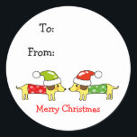 Merry Christmas 2 sausage dogs Classic Round Sticker<br><div class="desc">Merry Christmas- sausage dog gift name tags</div>