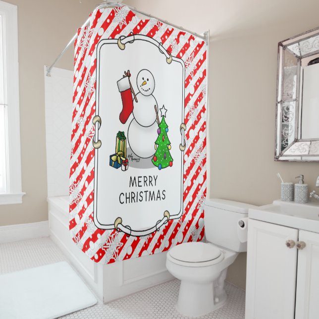 Merry Christmas 2 Tree Stocking Snowman Shower Curtain (In Situ)