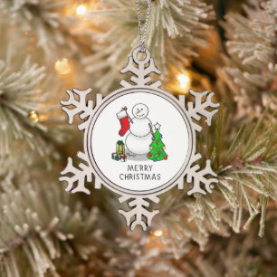 Merry Christmas 2 Tree Stocking Snowman Snowflake Pewter Christmas Ornament