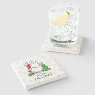 Merry Christmas 2 Tree Stocking Snowman Stone Coaster