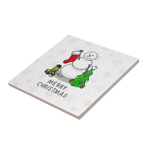 Merry Christmas 2 Tree Stocking Snowman Tile