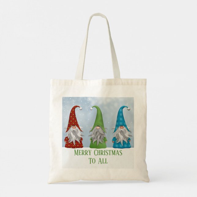 Merry Christmas 3 Colourful Holiday Gnomes in Snow Tote Bag (Back)