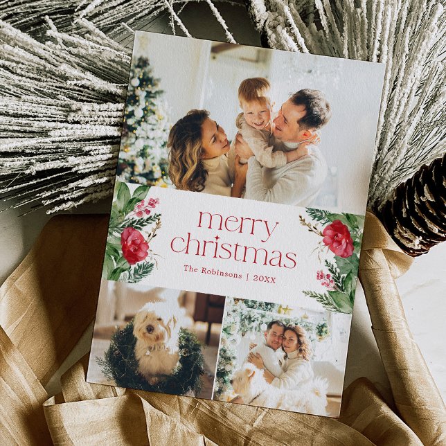 Merry Christmas 3 Photo Botanical Greenery Holiday Card (Creator Uploaded)