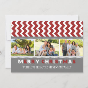 Merry Christmas 3 Photo Card Grey Red Chevron