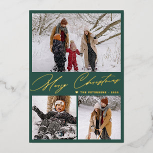 Merry Christmas 3 photo collage elegant green gold Foil Holiday Card
