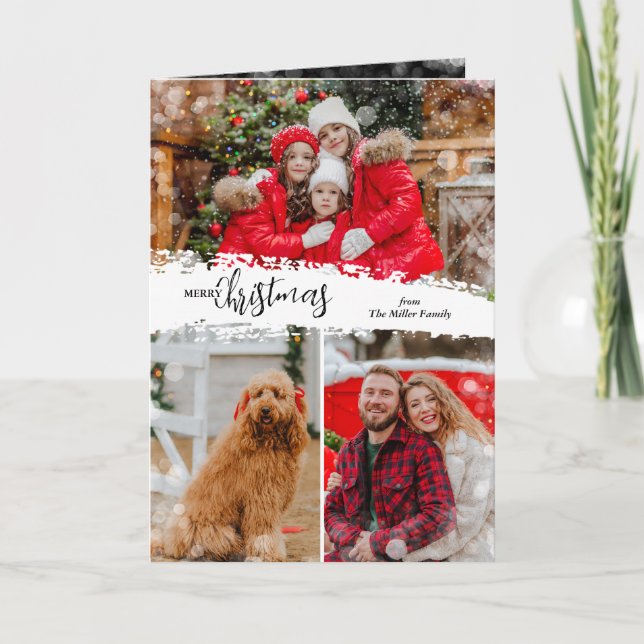 Merry Christmas 3 Photo Collage Folded Holiday Card (Front)