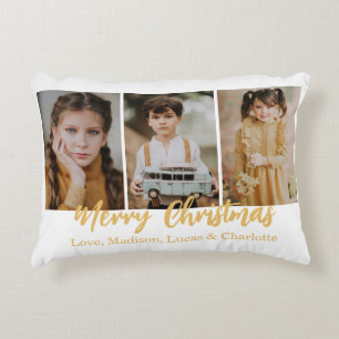 Merry Christmas 3 Photo Collage Gold Decorative Cushion