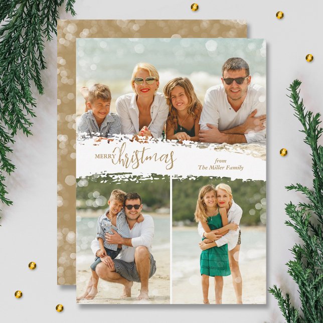 Merry Christmas 3 Photo Collage Holiday Card (Gold Merry Christmas 3 photo grid collage holiday cards, PRINTED and/or INSTANT DOWNLOAD)