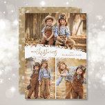 Merry Christmas 3 Photo Collage Holiday Card<br><div class="desc">Multi-photo Christmas holiday cards feature Merry Christmas in chic lettering on a splash of white in the middle. Just upload three photos and add your family greeting and names on the back. *CHANGE the colour on the back with our Editing Tool. Select High Definition for best photo quality.</div>