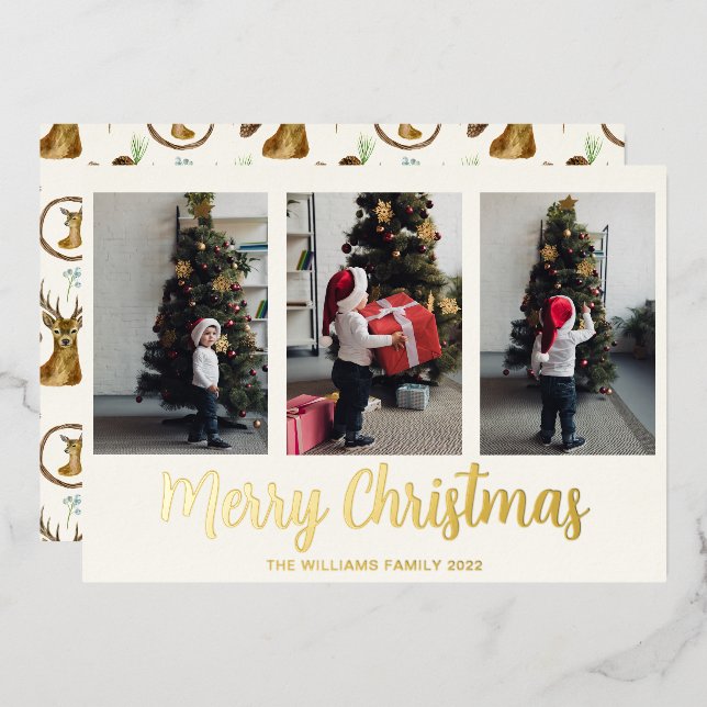 Merry Christmas 3 Photo Collage Real Gold Foil Holiday Card (Front/Back)