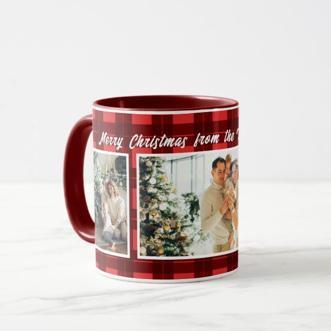 merry christmas 3 photo collage red buffalo plaid mug (Front Left)