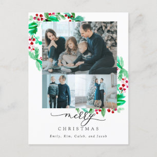 Merry Christmas 3 Photo Collage Wreath Holiday Postcard
