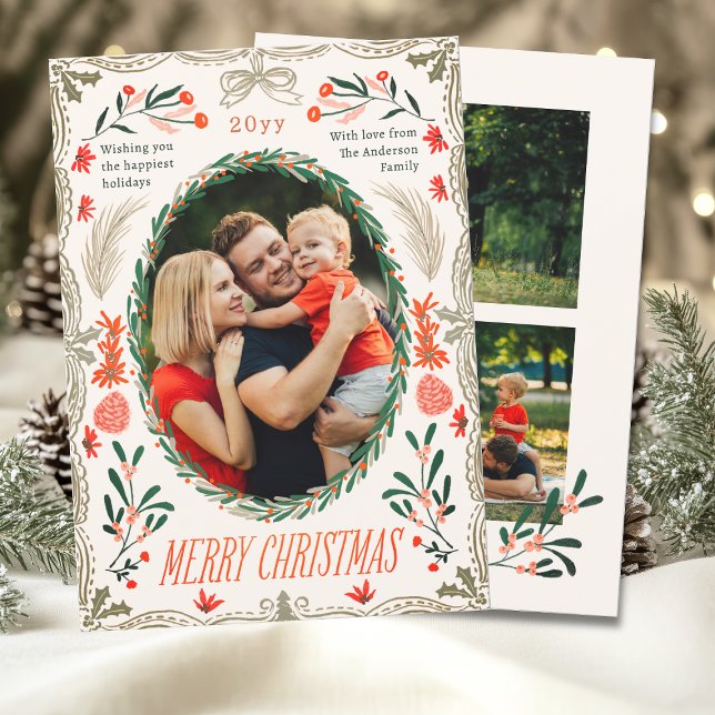 Merry Christmas 3 Photo Coquette Botanical Floral Holiday Card (Creator Uploaded)