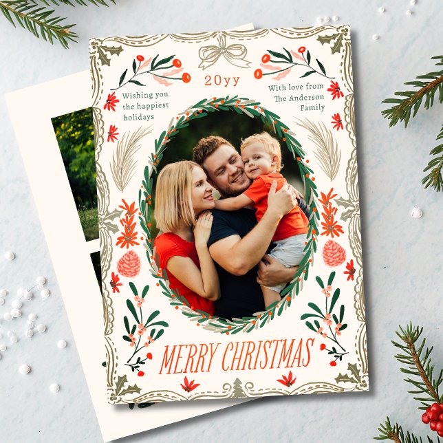 Merry Christmas 3 Photo Coquette Botanical Floral Holiday Card (Creator Uploaded)