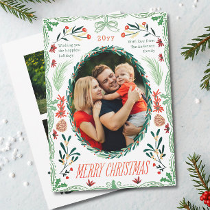 Merry Christmas 3 Photo Coquette Botanical Floral Holiday Card