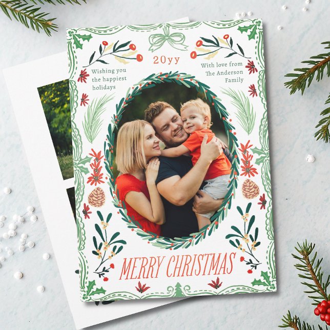 Merry Christmas 3 Photo Coquette Botanical Floral Holiday Card (Creator Uploaded)