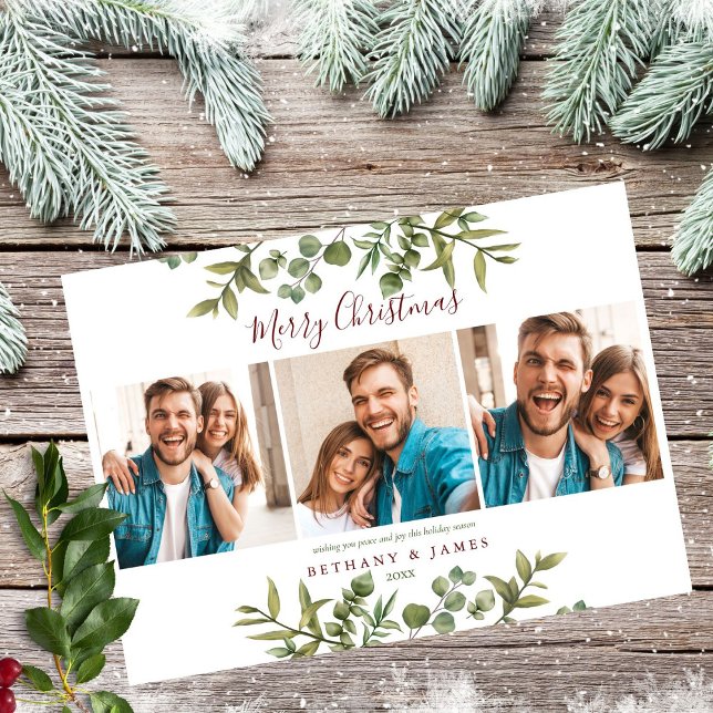 Merry Christmas 3 Photo Couples Greenery Holiday Card (Creator Uploaded)