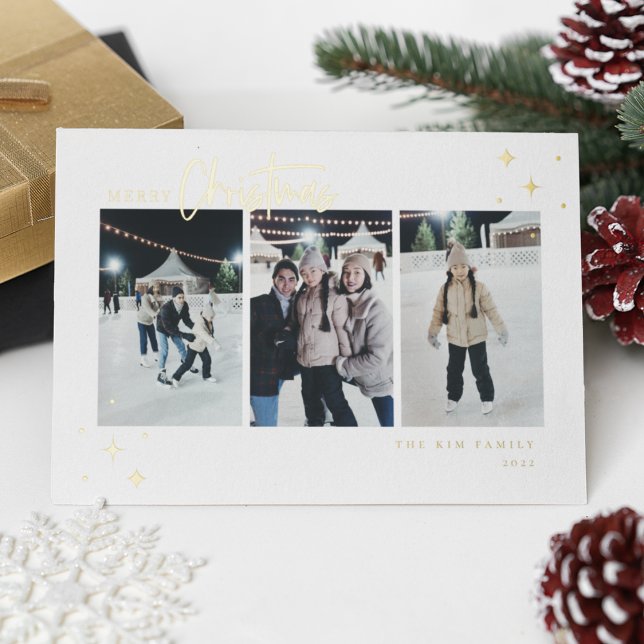 Merry Christmas 3 Photo Foil Holiday Card (Creator Uploaded)