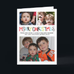 Merry Christmas 3  photo Holiday Card Personalised<br><div class="desc">Hand illustrated Merry Christmas in fun colours helps bring joy to this card. Include 3 great photos on the front and add 3 more on the inside and back. Complete with photo captions. Please email for additional colour ways. Pinkhippoprints@gmail.com Thanks!</div>
