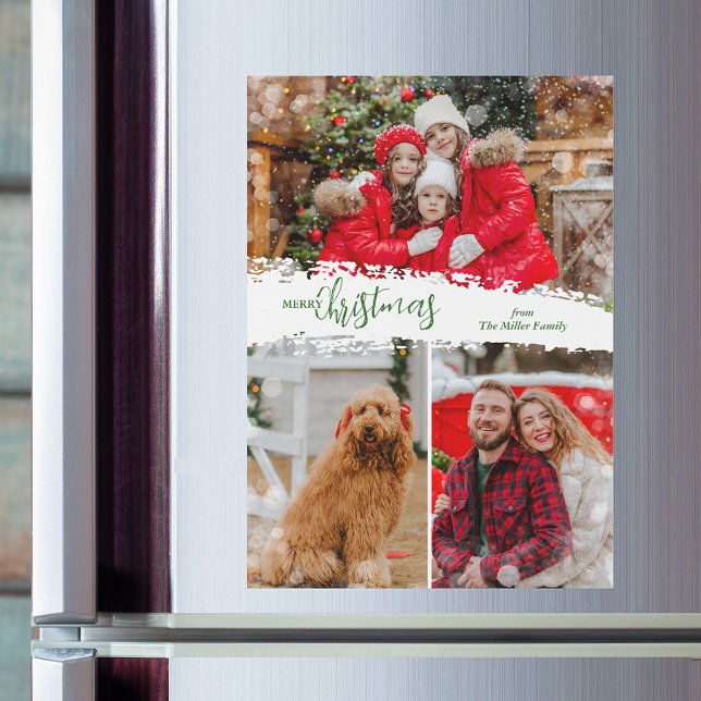 Merry Christmas 3 Photo Magnetic Holiday Card (Merry Christmas 3 Photo Magnetic Holiday Cards)