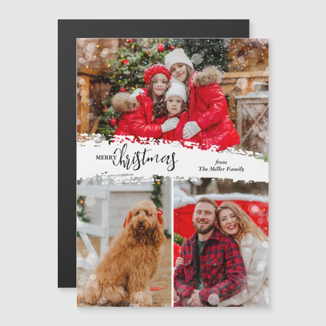 Merry Christmas 3 Photo Magnetic Holiday Card (Front/Back)