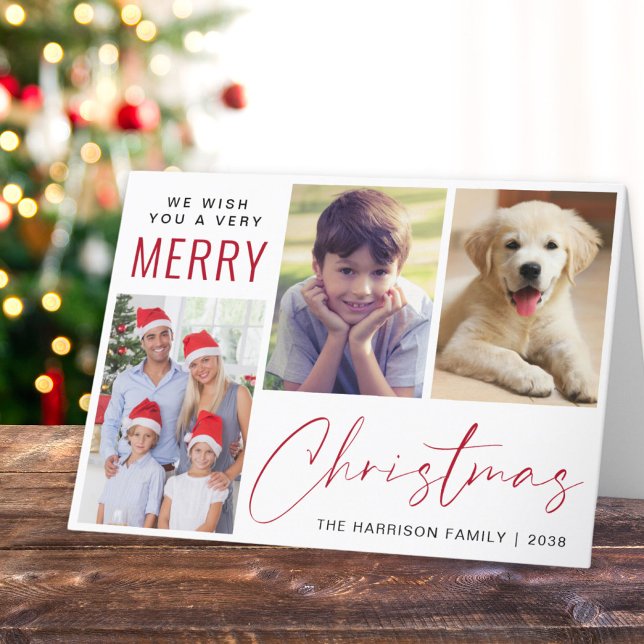 Merry Christmas 3 Photo Red Script Holiday Card (This holiday season, let your family's smiles and heartwarming memories shine on our 3 photo card)